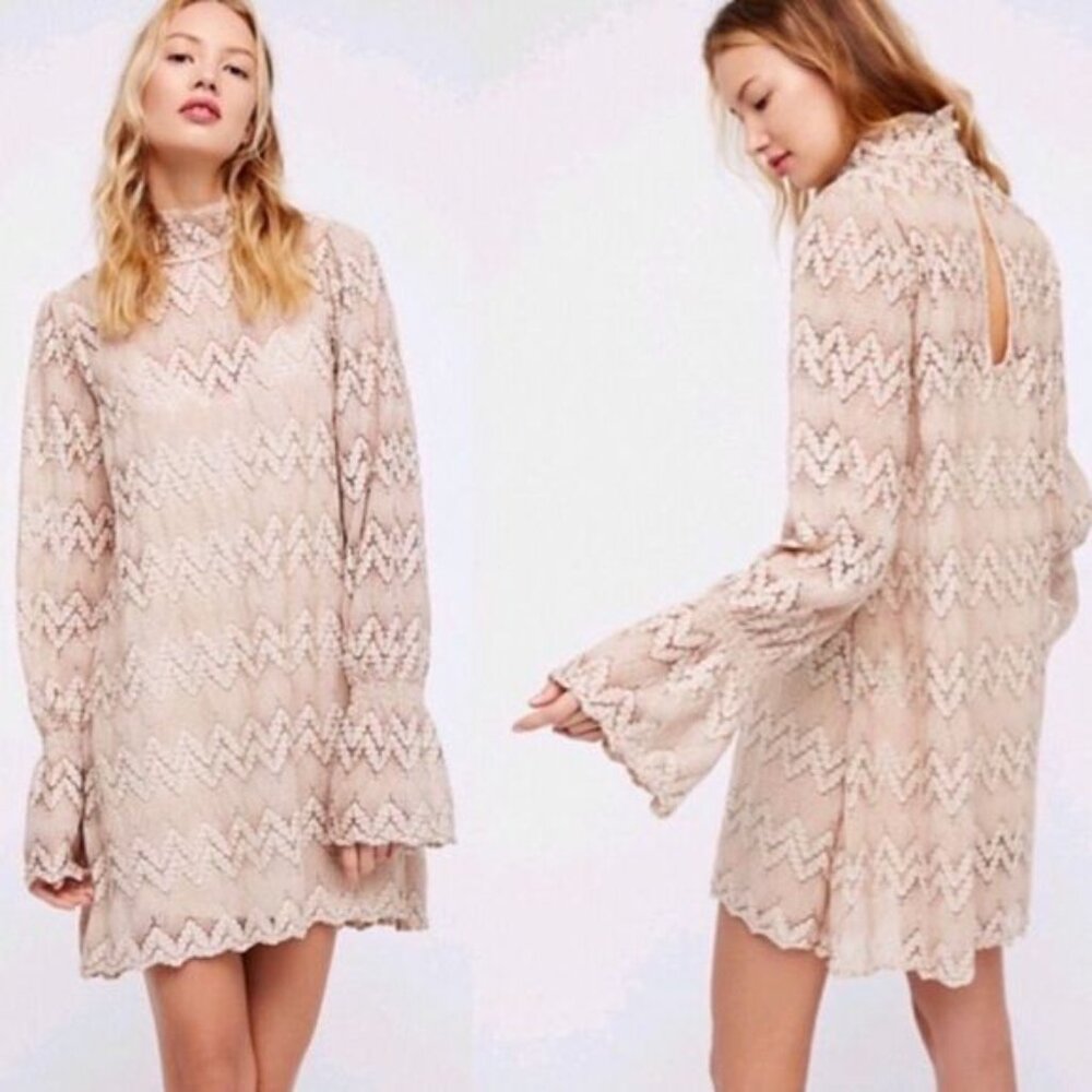 Free People Beige Zigzag Lace Mini Dress